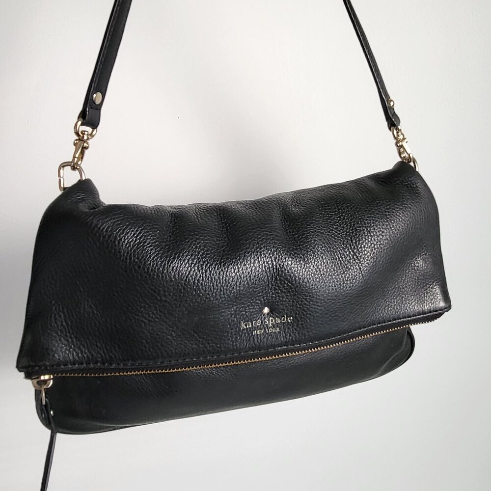 Kate Spade Black Pebbled Leather Foldover Crossbody • Adjustable Strap